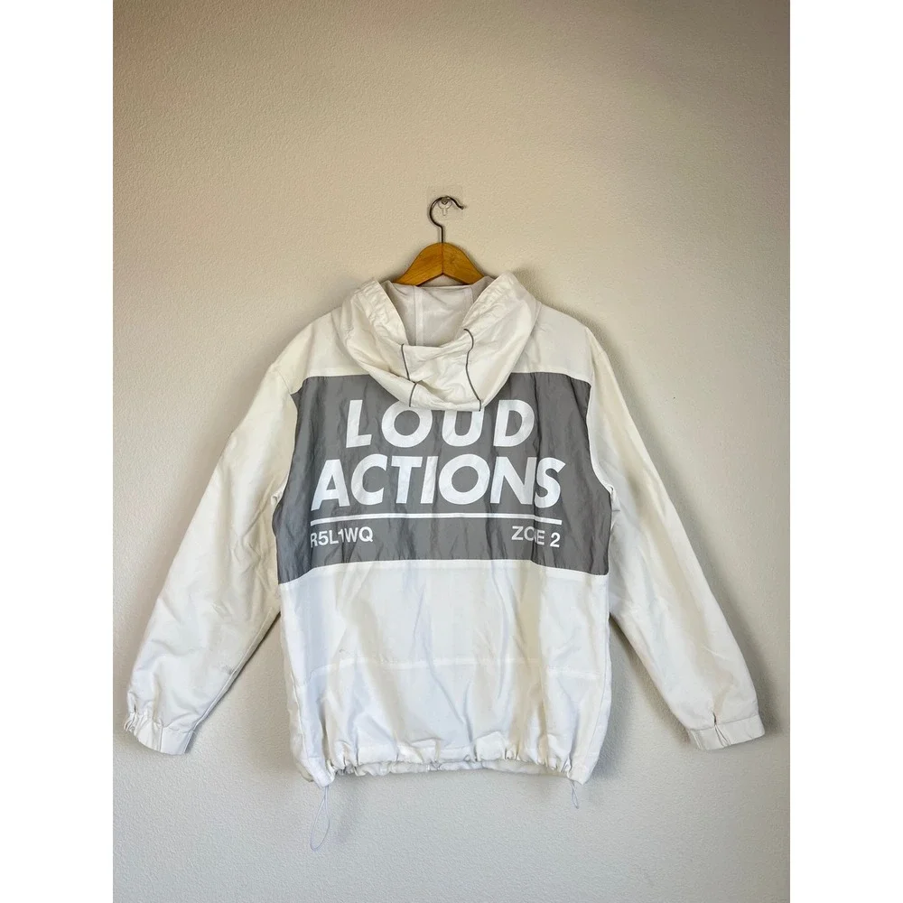 Bershka Loud Actions Techwear Jacket White Hooded Utility Windbreaker Size M